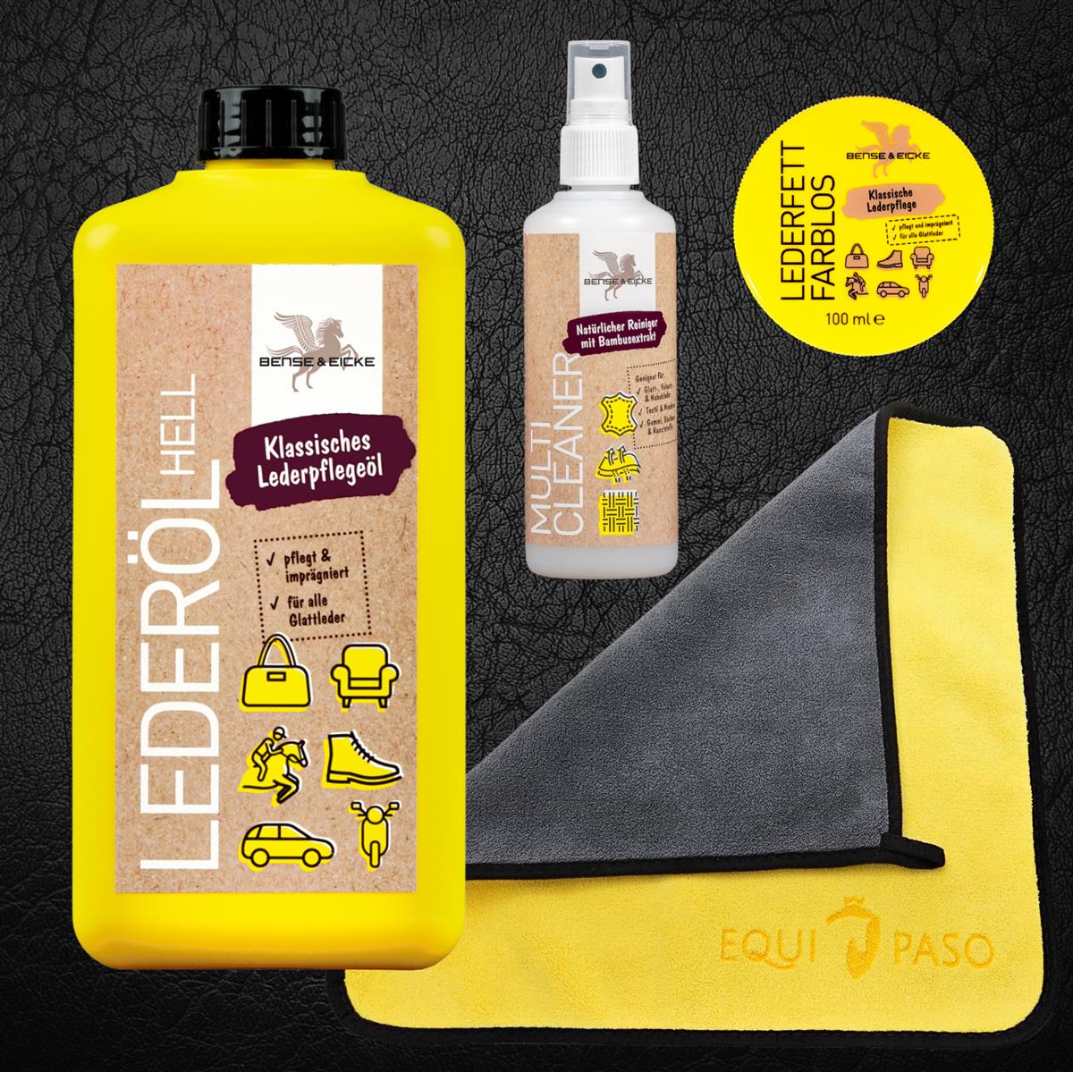 Equipaso | B&E Lederöl hell 1 l, Lederfett 100 ml, Multi Cleaner 95 ml + Tuch