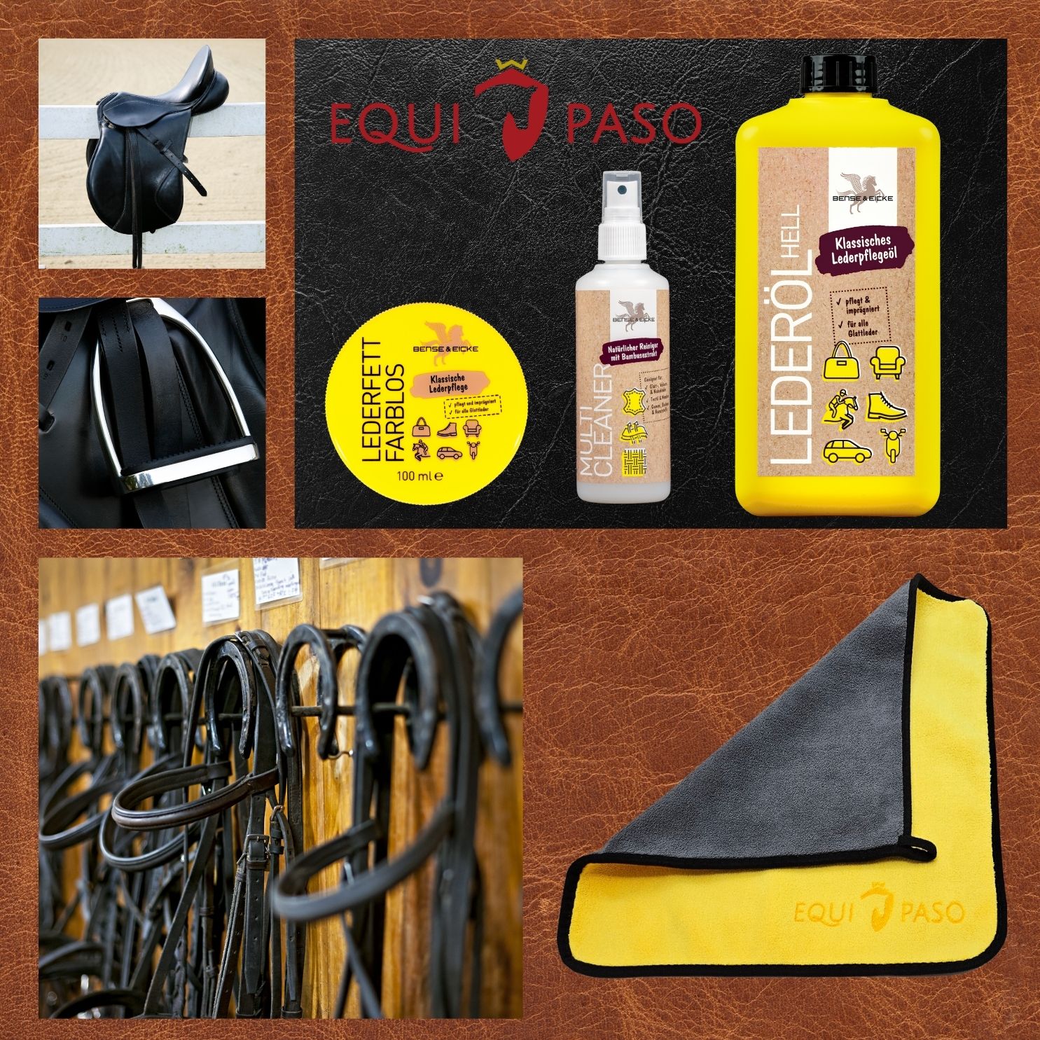 Equipaso | B&E Lederöl hell 1 l, Lederfett 100 ml, Multi Cleaner 95 ml + Tuch