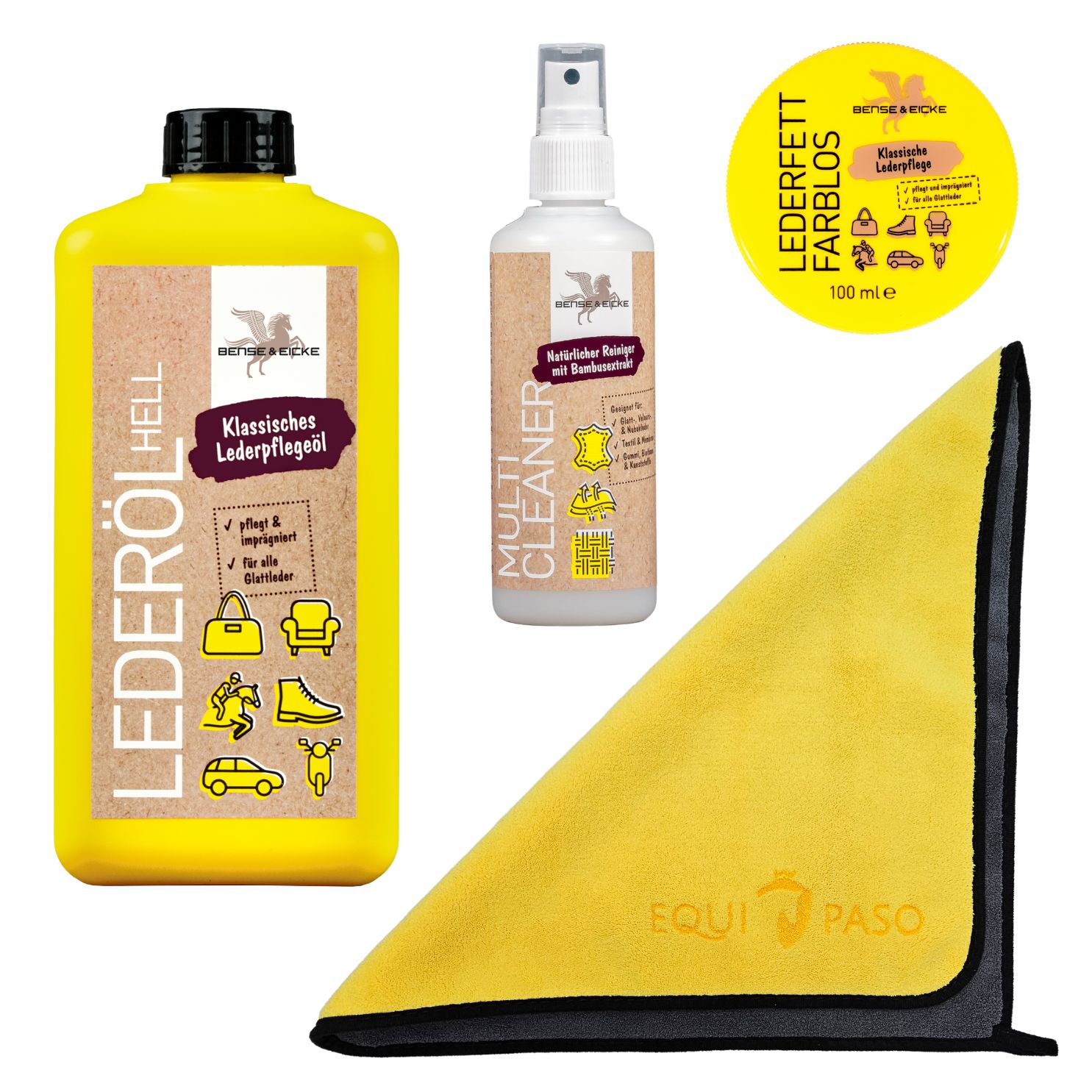 Equipaso | B&E Lederöl hell 1 l, Lederfett 100 ml, Multi Cleaner 95 ml + Tuch