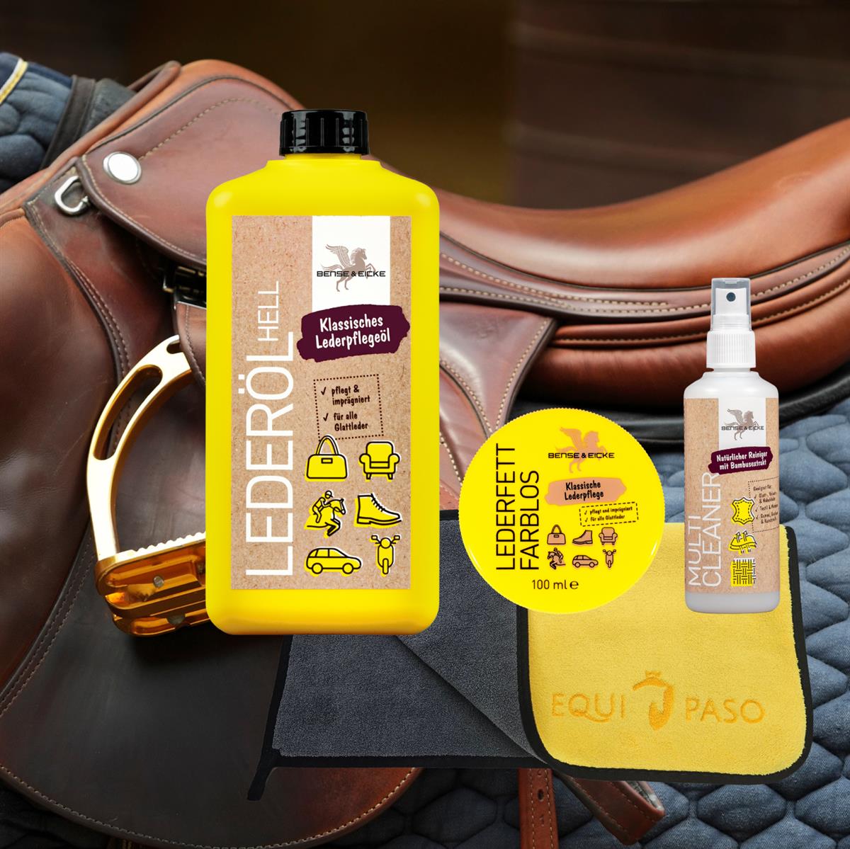 Equipaso | B&E Lederöl hell 1 l, Lederfett 100 ml, Multi Cleaner 95 ml + Tuch