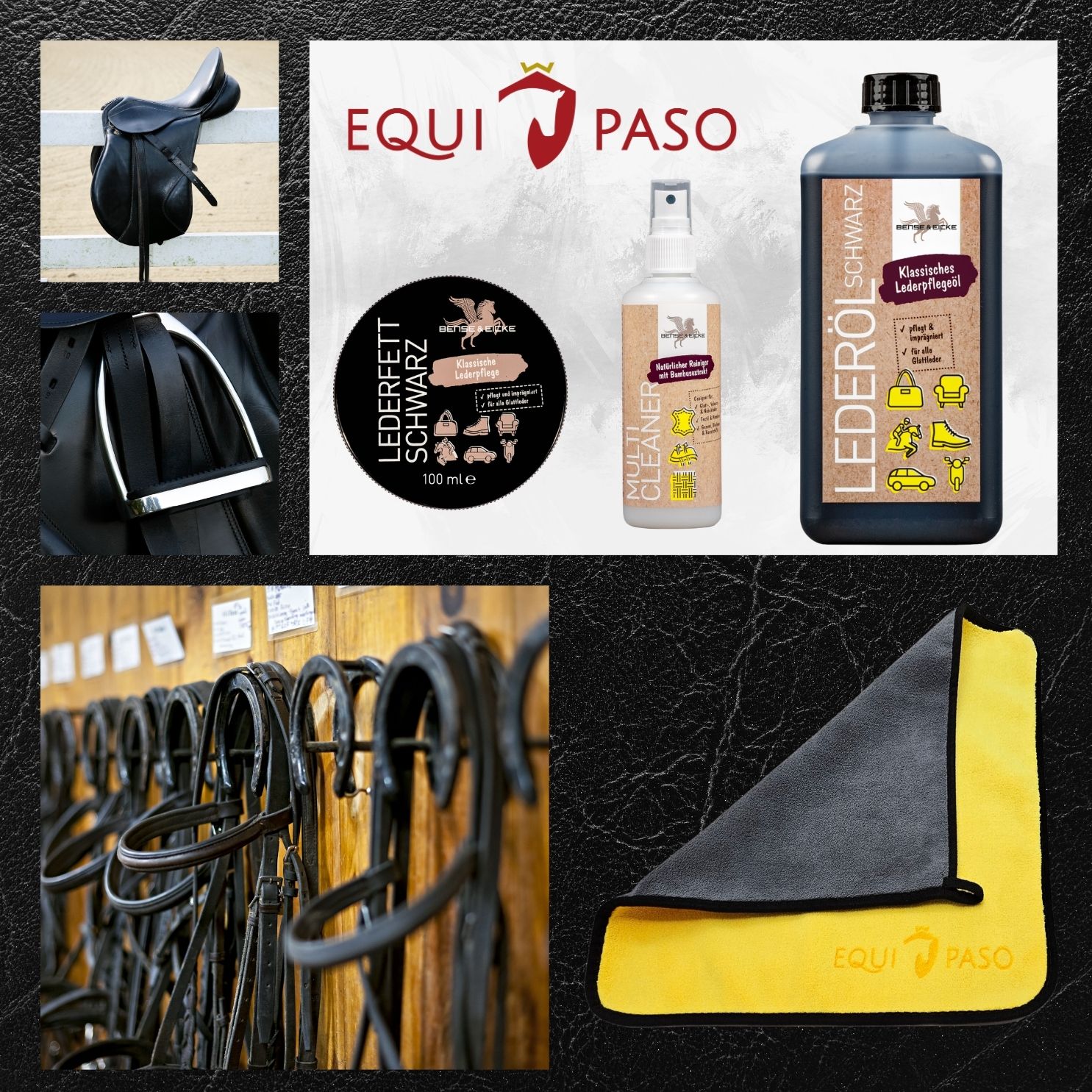 Equipaso | B&E Lederöl schwarz 1 l, Lederfett schwarz 100 ml, Multi Cleaner 95 ml + Tuch